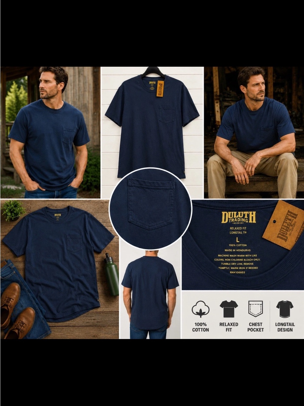 NWT Duluth Trading Co Shirt Large Blue Relaxed Fit Pocket Longtail Workwear Tee